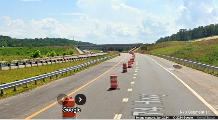 Image of completed bridge carrying future I-73 /I-74 Rockingham Bypass over Business 74, Google 
         Maps Street View, June 2024