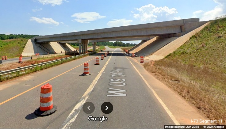 Image of closeup of completed bridge to carry I-73/I-74 Rockingham Bypass over Business 74, Google 
         Maps Street View, June 2024