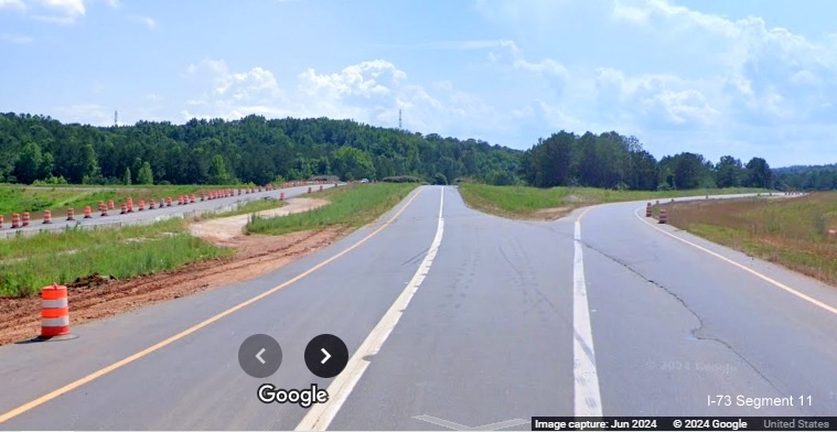 Image of split of ramps to US 74 East (Future I-73 South/I-74 East and West from Business 74 West, Google 
         Maps Street View, June 2024