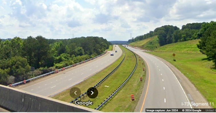 Image of US 74 approaching Rockingham Bypass construction area from Business 74 ramp bridge, Google 
         Maps Street View, June 2024