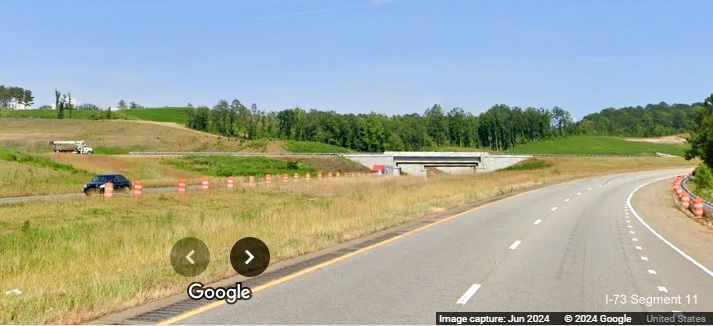 Image of US 74 East lanes approaching future I-73 North/I-74 West Rockingham Bypass merge, Google 
         Maps Street View, June 2024