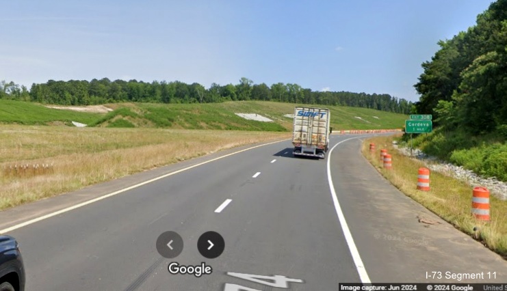 Image of US 74 East lanes approaching future I-73 North/I-74 West Rockingham Bypass merge, Google 
         Maps Street View, June 2024