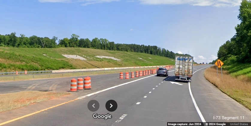 Image of US 74 East lanes at future I-73 North/I-74 West Rockingham Bypass merge, Google 
         Maps Street View, June 2024