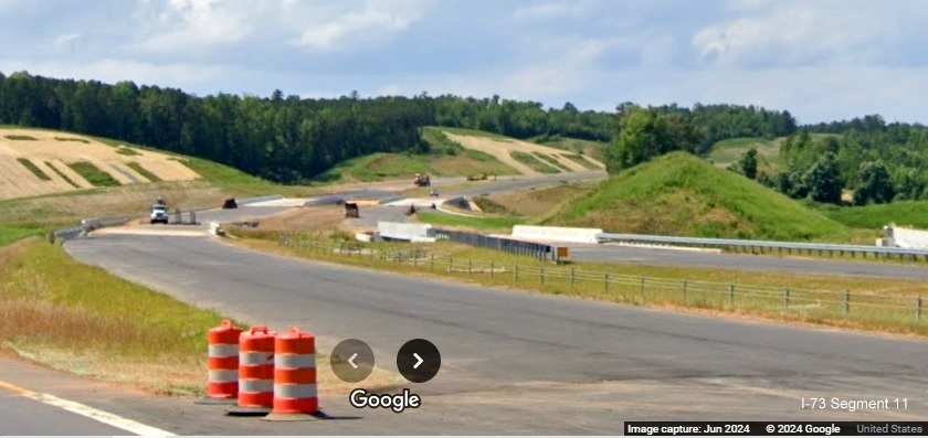 Image of future I-73 North/I-74 West Rockingham Bypass lanes approaching US 74 merge, Google 
         Maps Street View, June 2024