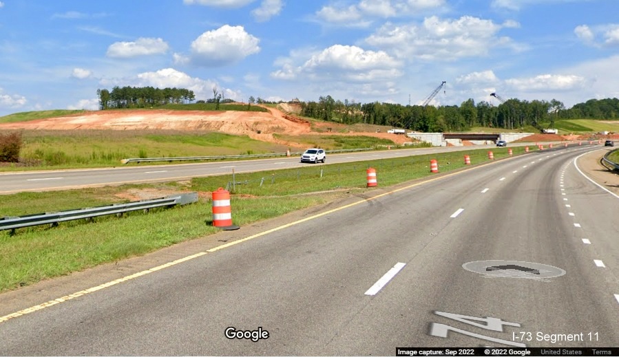 Image of view along US 74 East of construction site of future I-73/I-74 Rockingham 
       Bypass, Google Maps Street View, September 2022