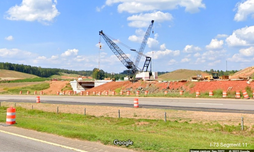 Image of view from US 74 East of construction of of future I-73/I-74 Rockingham 
       Bypass, Google Maps Street View, September 2022