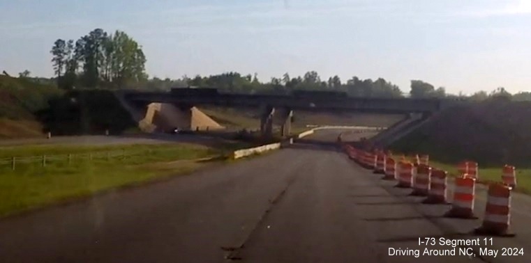 Image of approaching the future I-73/I-74 Rockingham Bypass bridges over Business 74 east of 
          Rockingham, Driving Around NC, May 2024