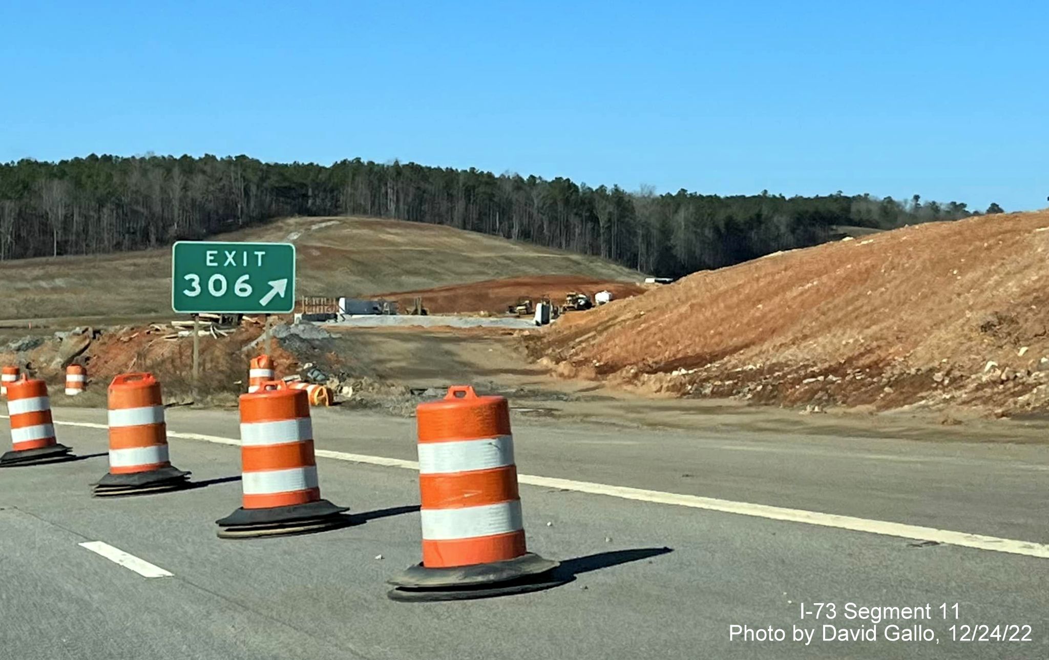 Image of US 74 West in I-73/I-74 Rockingham Bypass construction zone at former Business US 74 exit, 
                                            photo by David Gallo, December 2022
