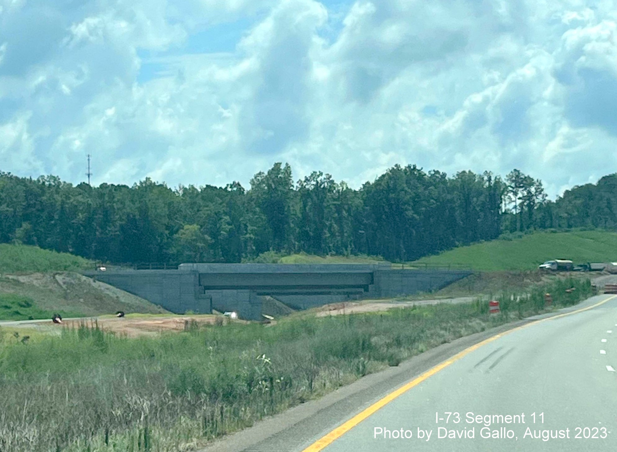 Image of completed bridges for Future I-73/I-74 Rockingham Bypass traffic currently over
        US 74 West lanes, David Gallo, July 2023