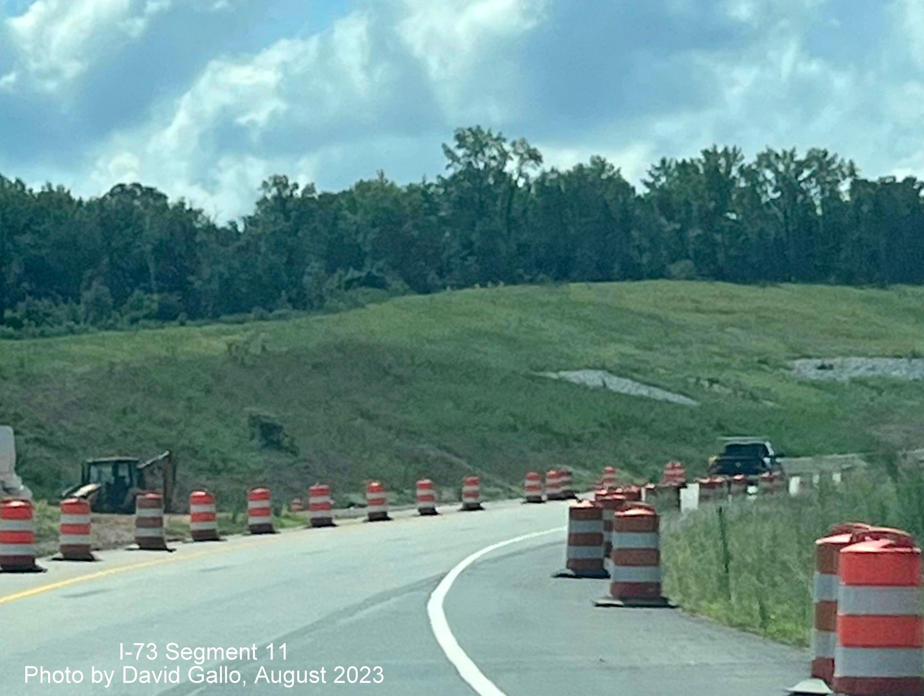 Image of US 74 East traffic transitioning over to former westbound lanes through remainder of
        Rockingham Bypass construction zone, David Gallo, July 2023