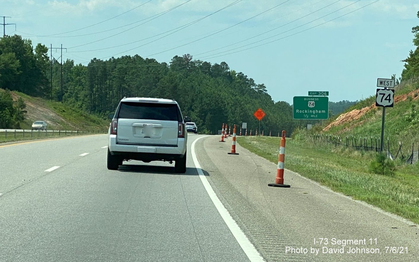 Image of start of construction zone for future interchange with I-73/I-74 Rockingham Bypass as seen from 
        US 74 West, by David Johnson, July 2021