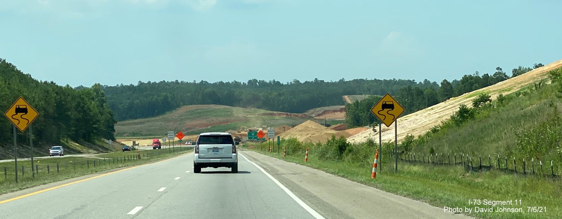 Image of construction zone for future interchange with I-73/I-74 Rockingham Bypass as seen from 
        US 74 West, by David Johnson, July 2021