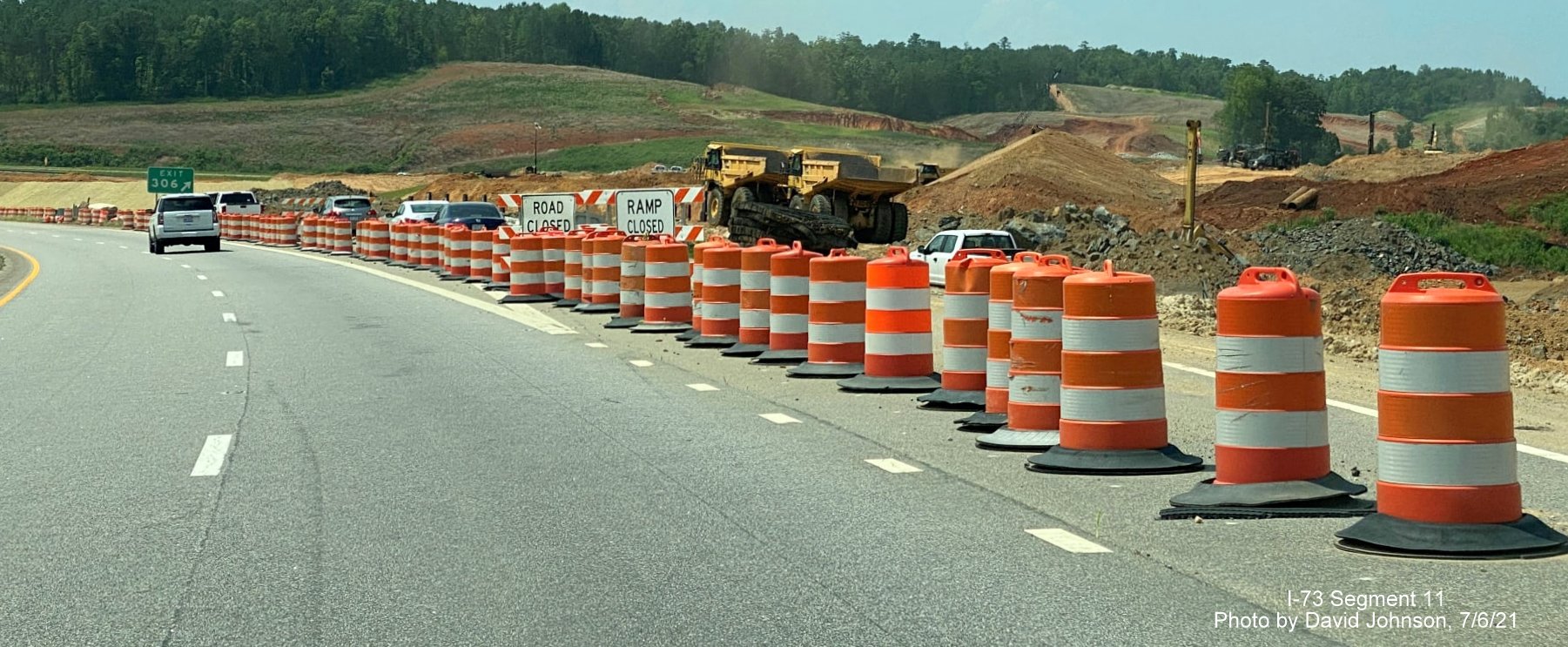Image of closed Business US 74 interchange in I-73/I-74 Rockingham Bypass construction zone as seen from 
        US 74 West, by David Johnson, July 2021