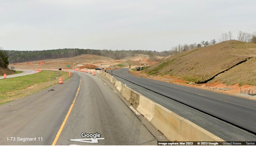Image of newly paved, but not opened, future US 74 ramp lanes at site of future I-73/I-74 
        Rockingham Bypass interchange, Google Maps Street View, March 2023