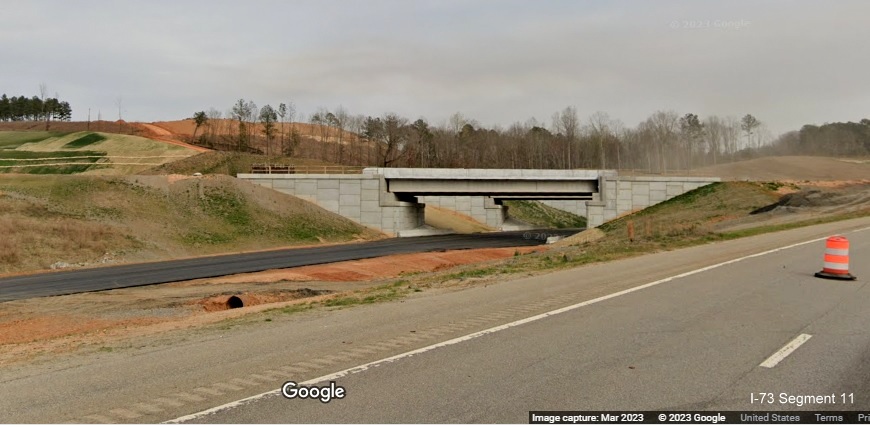 Image of future I-73/I-74 Rockingham Bypass bridge over US 74 West, Google Maps Street View, 
        March 2023