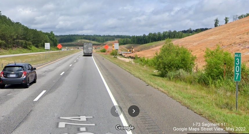 Image from US 74 West of start of I-73/I-74 Rockingham Bypass construction zone, Google Maps Street 
        View, May 2022