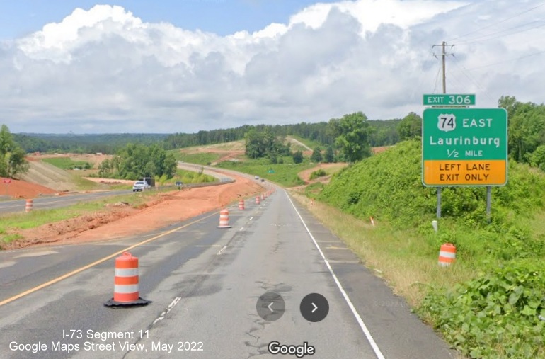 Image of construction for I-73/I-74 Rockingham Bypass as seen from Business US 74 West, Google Maps Street View, May 
        2022