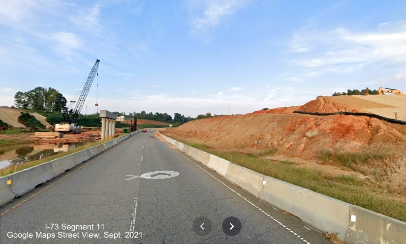 Image of bridge support, part of I-73/I-74 Rockingham Bypass construction work seen from US 74 Business East, Google 
        Maps Street View image, September 2021