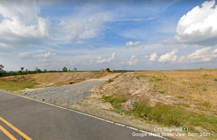 Image of view of cleared area looking north from Dave Kings Road along future pathway of 
        I-73/I-74 Rockingham Bypass, Google Maps Street View, Sept. 2021
