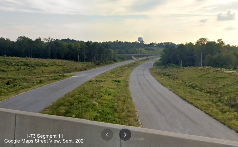 Image taken of future I-73/I-74 Rockingham Bypass roadway from US 220 South ramp, Google Maps 
         Street View, Sept. 2021
