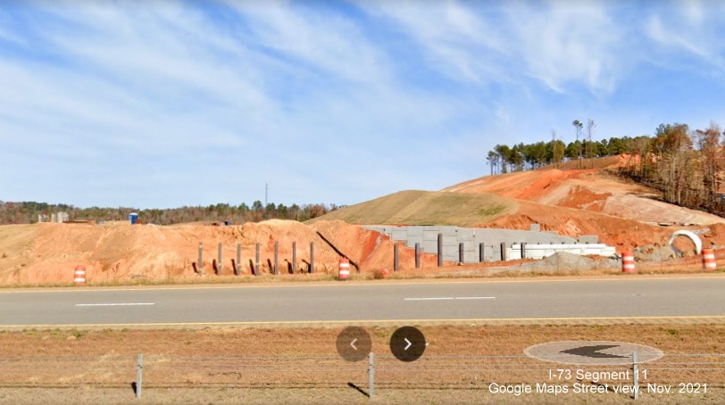 Image of bridge construction area for future I-73/I-74 Rockingham Bypass as seen from US 74 East lanes, 
        Google Maps Street View image, November 2021