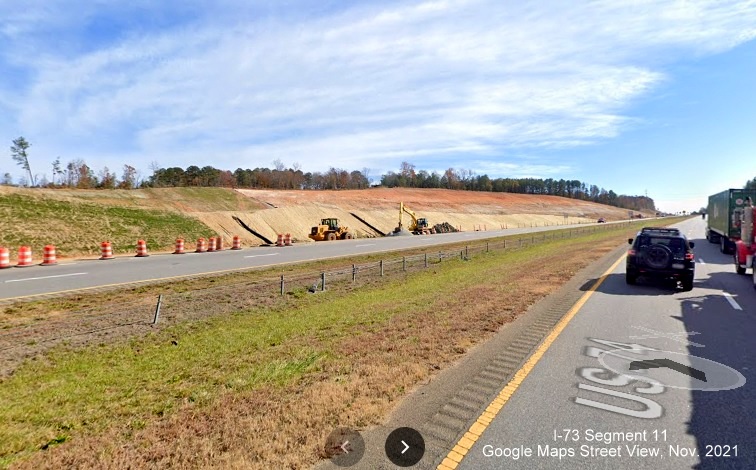 Image of construction area for future I-73/I-74 Rockingham Bypass as seen from US 74 East lanes, 
        Google Maps Street View image, November 2021