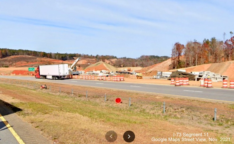 Image of ramp construction area for future I-73/I-74 Rockingham Bypass as seen from US 74 East lanes, 
        Google Maps Street View image, November 2021