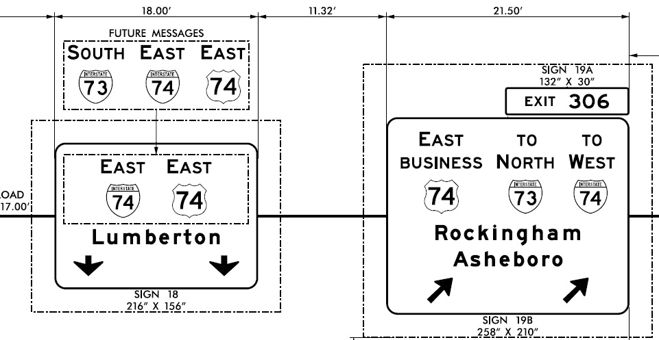 NCDOT sign plan for I-73/I-74 Bus. 74 exit at western end of US 74 Rockingham Bypass
