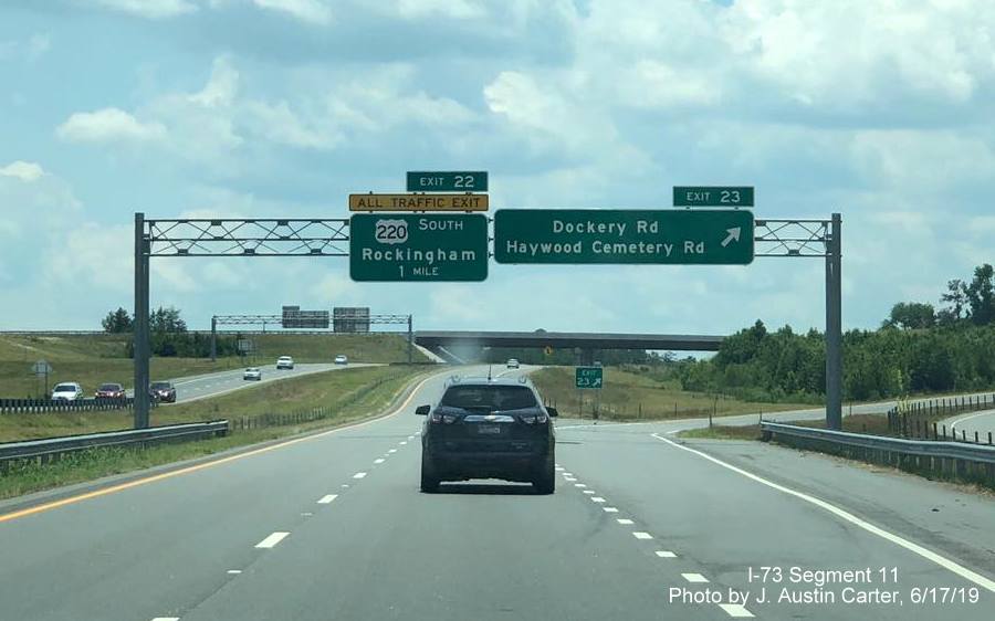 Image of overhead signage at off-ramp to Dockery Rd/Haywood Cemetery Rd on I-73/US 220 South, I-74 East in Richmond County, by J. Austin Carter