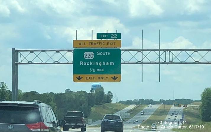 Image of 1/2 mile advance overhead sign for US 220 South exit at current end of I-73 South/I-74 East in Richmond County, by J. Austin Carter