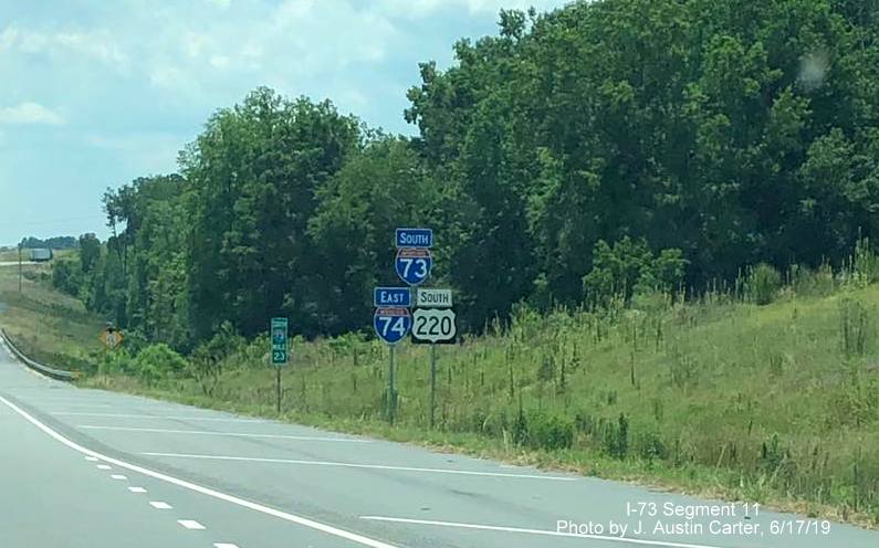 Image of last reassurance markers for South I-73/US 220, East I-74 prior to South US 220 exit end of freeway in Richmond County, by J. Austin Carter