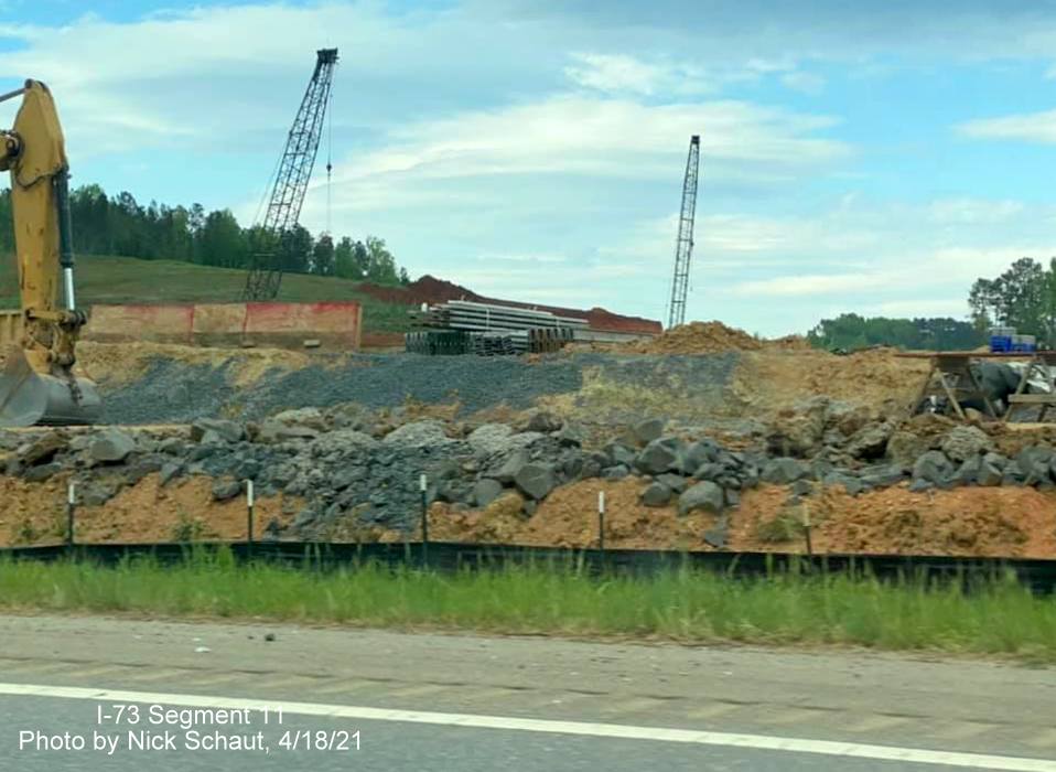 Image of equipment for I-73/I-74 Rockingham Bypass construction seen from US 74 West, by Nick Schaut, April 2021