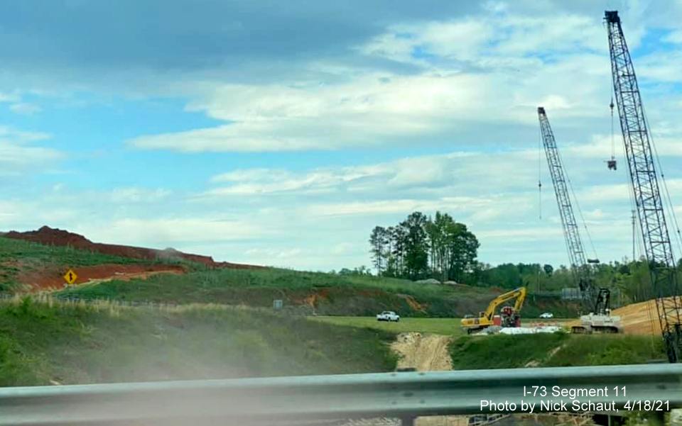 Image of excavation for I-73/I-74 Rockingham Bypass construction seen from Pee Dee River bridge on US 74 West, by Nick Schaut, April 2021