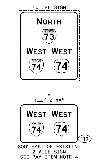 Image of NCDOT plan for new I-74/US 74 West and Future I-73 North reassurance markers along current US 74 Rockingham Bypass