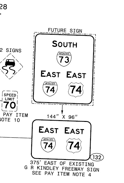 Image of NCDOT plan for new I-74/US 74 East and Future I-73 South reassurance marker sign along current
                                          US 74 Rockingham Bypass
