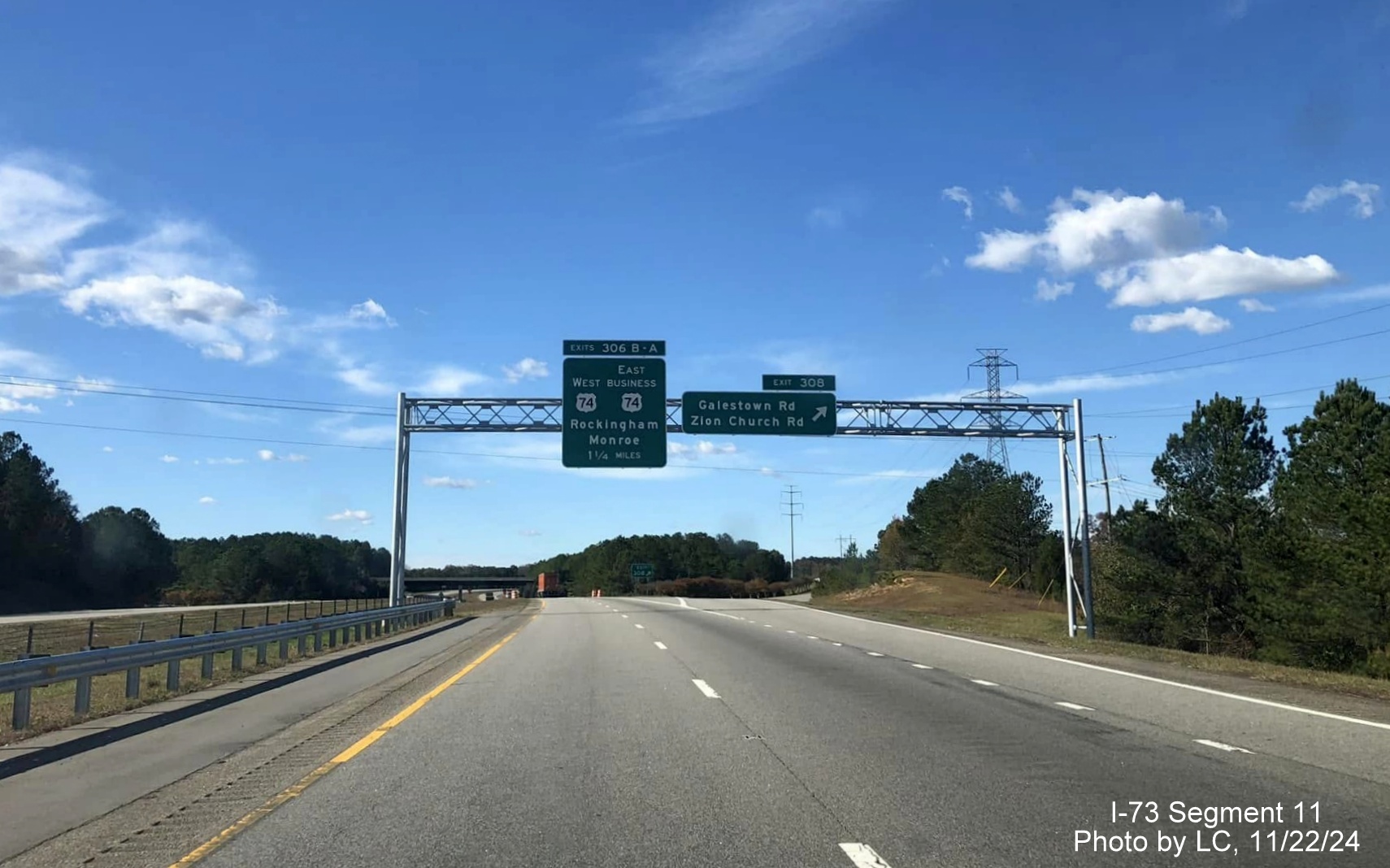 Image of recently placed overhead signage at Cordova exit ramp for I-73 North/I-74 West
        Rockingham Bypass on US 74 West, by LC, November 2024