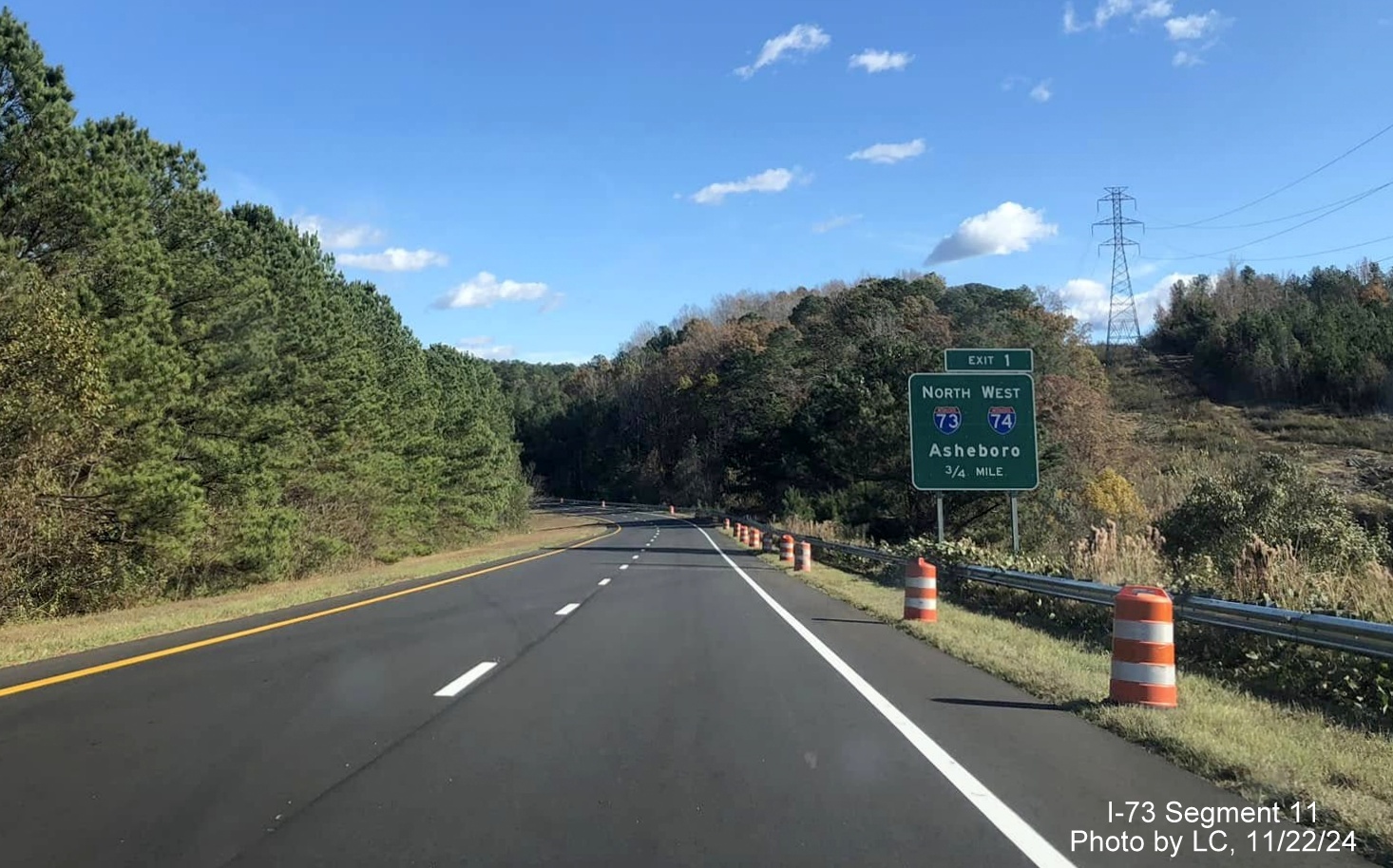 Image of recently placed 3/4 mile advance sign for still closed  I-73 North/I-74 West
        Rockingham Bypass ramp on Business US 74, by LC, November 2024