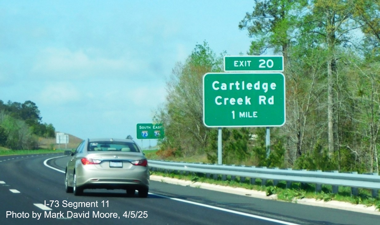 Image of 1 mile advance sign for Cartledge Creek Road exit on I-73 South/I-74 East
		Rockingham Bypass by Mark David Moore, April 2025