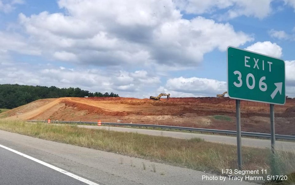 Image of area being cleared and graded for future I-73/I-74 exit from current exit ramp to 
        Business US 74 on US 74 West in Rockingham, by Tracy Hamm in May 2020