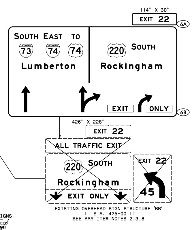Image of NCDOT sign plan for US 220 exit arrow-per-lane sign at northern end of I-73/I-74 
                                                Rockingham Bypass
