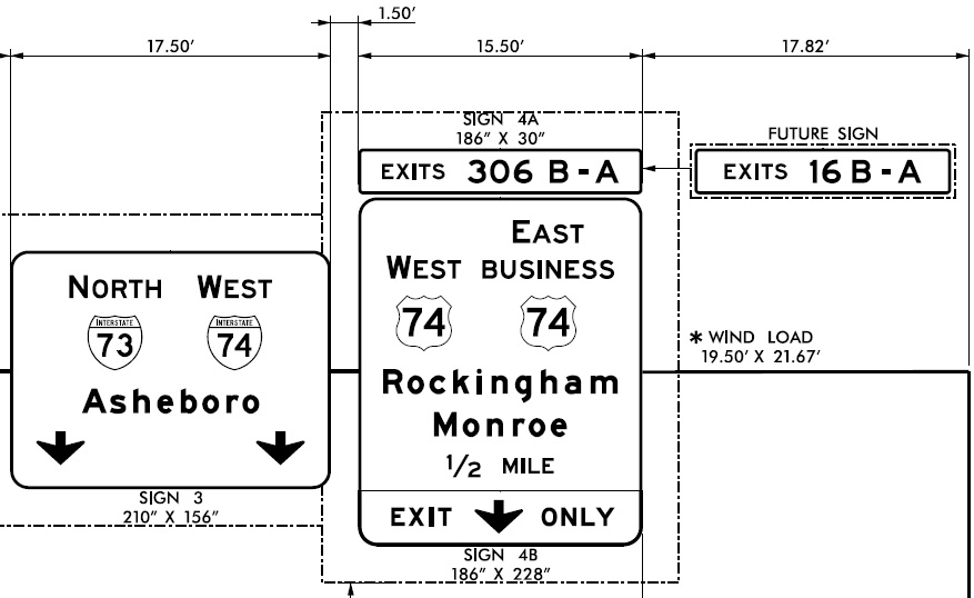 NCDOT Sign plan for US 74/Business 74 exit at southern end of I-73/I-74 Rockingham Bypass