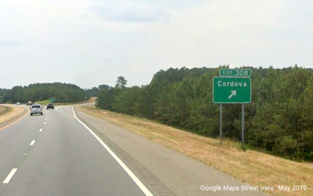 Google Maps Street View image of ground mounted ramp sign for Cordova exit on US 74 
        (Future I-73 South/I-74 East) East in Rockingham, taken in May 2019