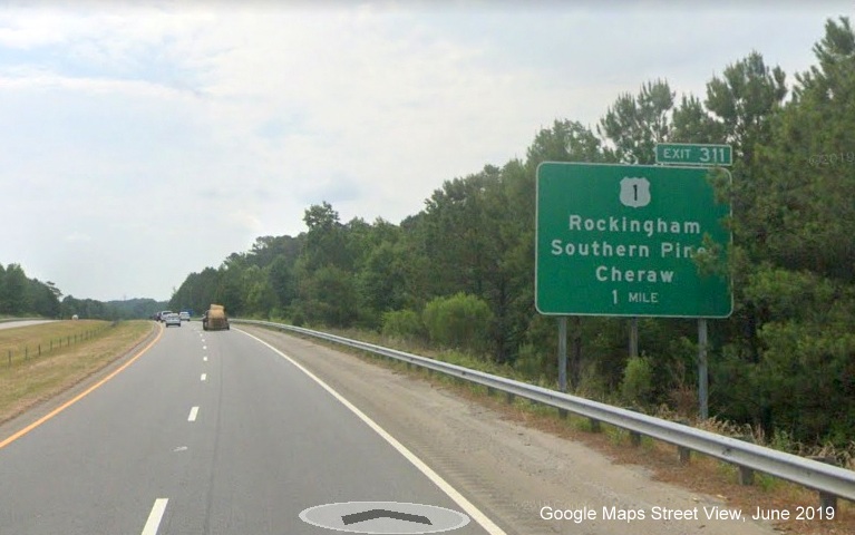 Google Maps Street View image of 1-mile advance sign for US 1 exit on US 74 (Future I-73 
        South/I-74 East) East in Rockingham, taken in May 2019