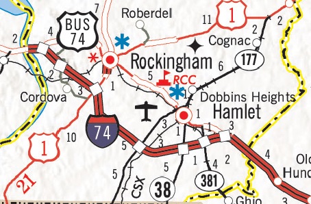Section of NCDOT 2017-2018 State Transportation Map showing I-73 Segment 12/I-74 Segment 13, the US 74 Rockingham Bypass