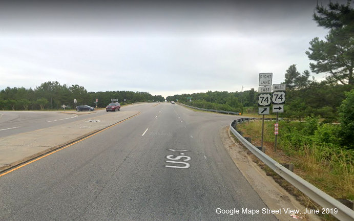 Google Maps Street View image of US 74 trailblazer signage along US 1 South in Rockingham,
        taken in June 2019, no longer references to Future I-74