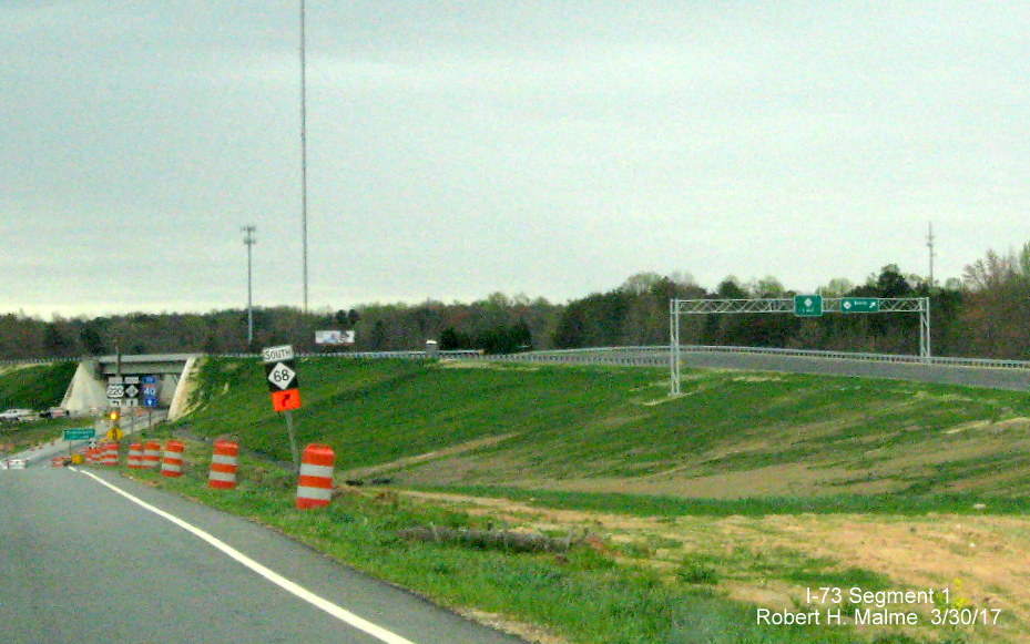 Image of newly placed exit signage on future I-73/US 220 lanes over NC 68 in Rockingham County