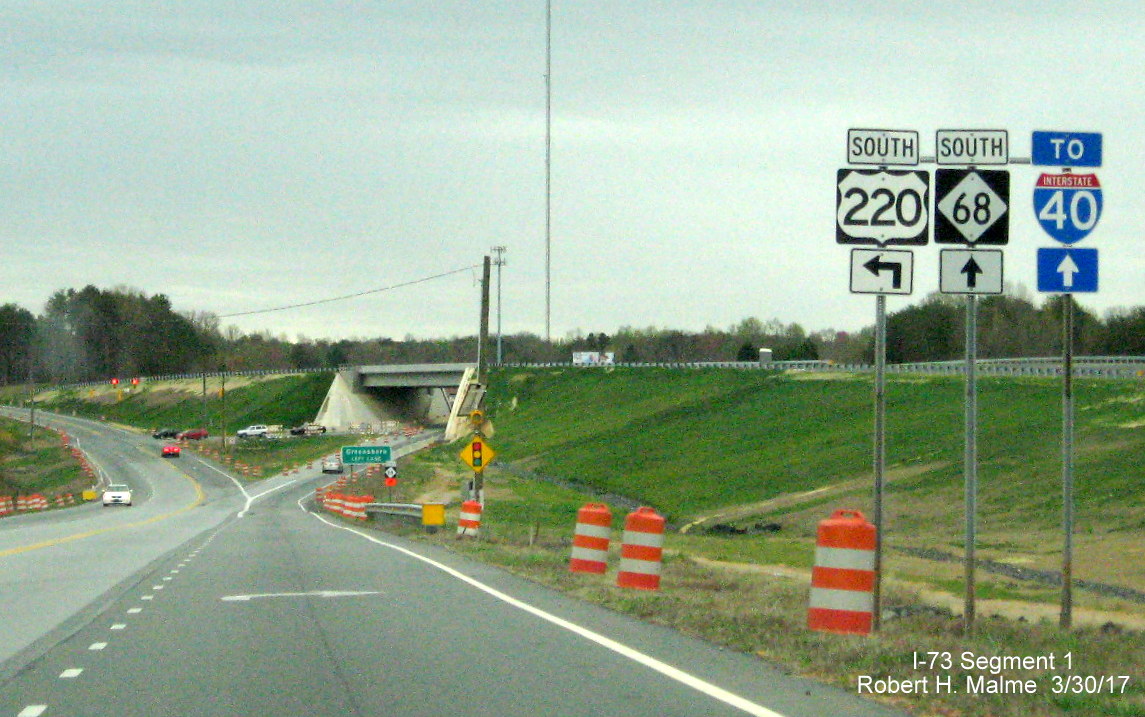 Image of US 220 and NC 68 trailblazers approaching under construction intersection in Rockingham County