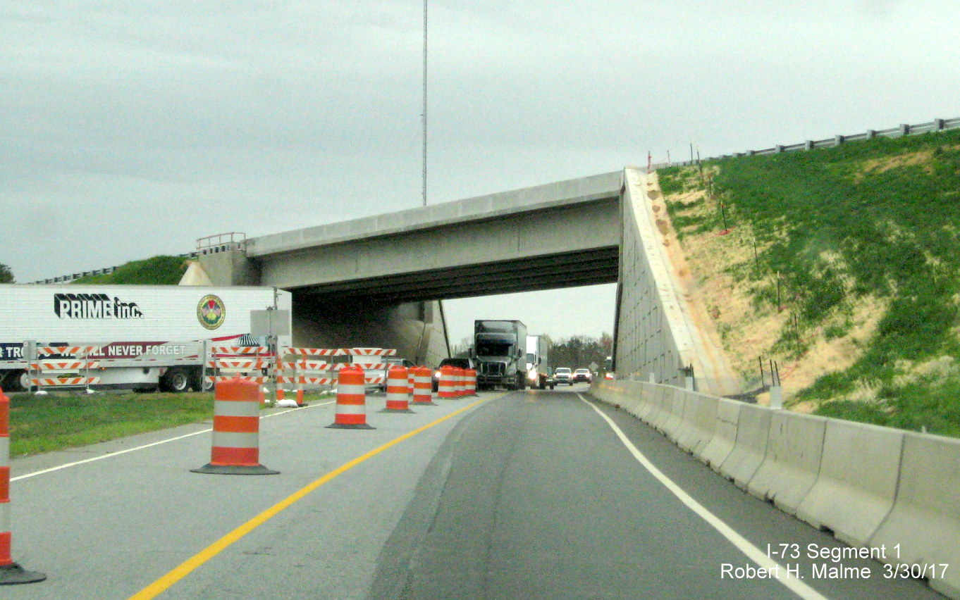 Image of NC 68 traffic going under recently completed Future I-73/US 220 bridge in Rockingham County