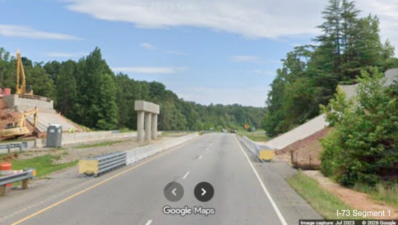 Image of bridge construction along US 220 North at the Smith Road exit in Rockingham 
	  County, Google Maps Street View, August 2023