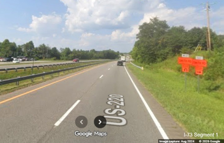 Image of detour signs for bridge construction along US 220 North prior to the Smith 
	  Road exit in Rockingham County, Google Maps Street View, August 2024